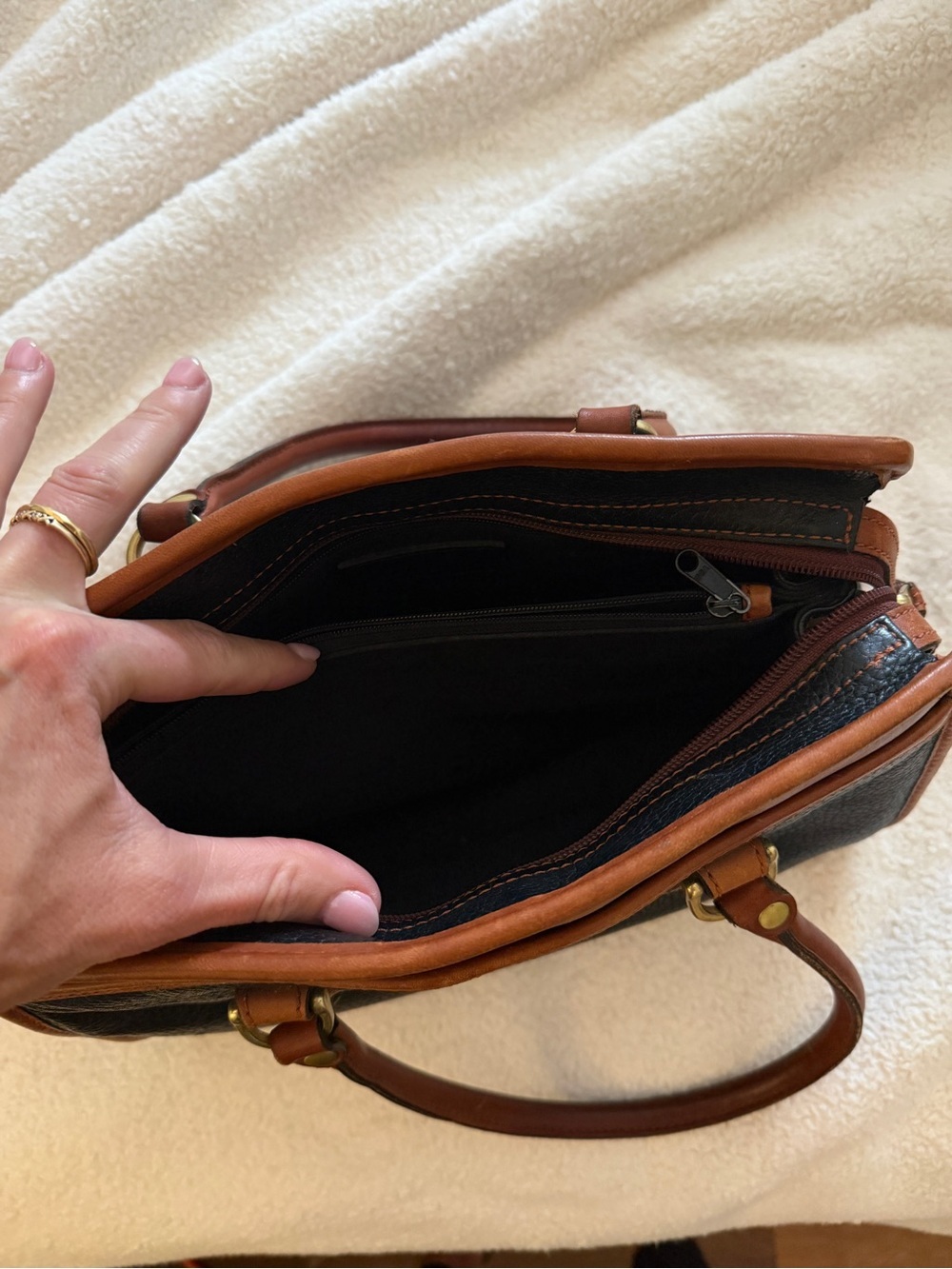 Classic Vintage Navy and Brown Leather Satchel Handbag - Picture 11 of 11